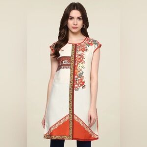 Cream and Orange Floral Trim Cap Sleeve Tunic Top